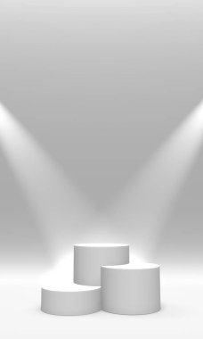 Podyum, Kaide veya platform beyaz renk beyaz arka planda Spotlar tarafından aydınlatılmış. Basit geometrik şekiller soyut Illustration. 3B işleme.