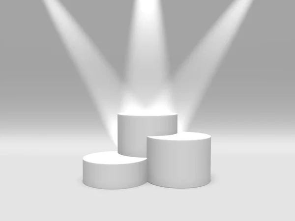 Podium, pedestal ou plataforma cor branca iluminada por holofotes sobre fundo branco. Ilustração abstrata de formas geométricas simples. Renderização 3D . — Fotografia de Stock