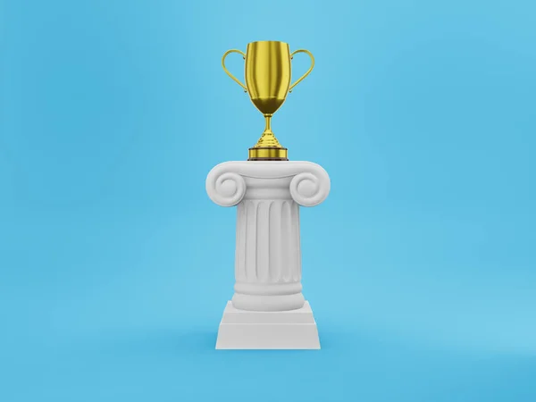 Abstracte podium zuil met een gouden trofee op de blauwe achtergrond. Het Victory Pedestal is een minimalistisch concept. 3D-rendering. — Stockfoto