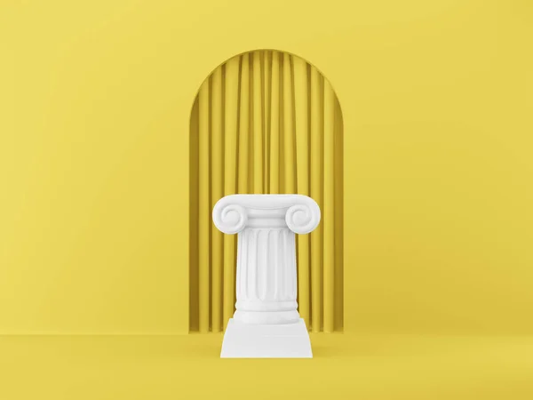 Coluna de pódio abstrata sobre o fundo amarelo com arco. O pedestal da vitória é um conceito minimalista. Renderização 3D . — Fotografia de Stock