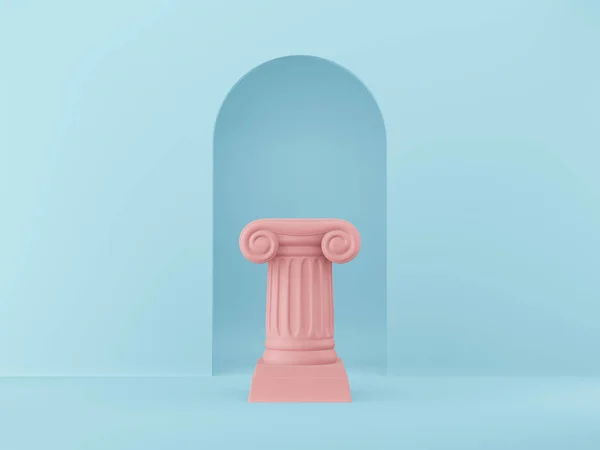Абстрактная подиумная розовая колонна на голубом фоне с аркой. Пьедестал победы является минималистской концепцией. 3D рендеринг . — стоковое фото