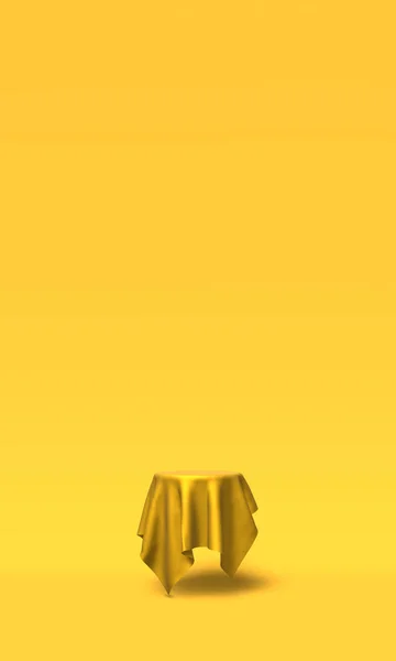 Pódio, pedestal ou plataforma coberta com pano de ouro sobre fundo amarelo. Ilustração abstrata de formas geométricas simples. Renderização 3D . — Fotografia de Stock