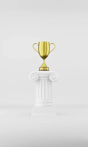 Coluna de pódio abstrato com um troféu dourado no fundo branco. O pedestal da vitória é um conceito minimalista. Renderização 3D . — Fotografia de Stock