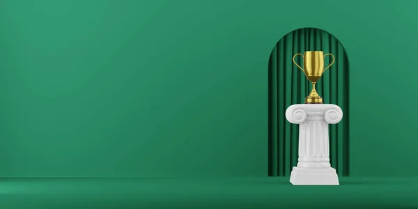Абстрактна подіумна колонка з золотим трофеєм на зеленому тлі з аркою. П'єдестал перемоги це мінімалістична концепція. 3D візуалізація . — стокове фото