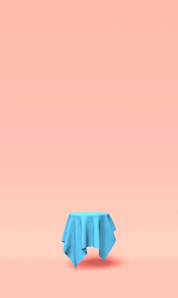 Podio, pedestal o plataforma cubierta con tela azul sobre fondo rosa. Ilustración abstracta de formas geométricas simples. Renderizado 3D . —  Fotos de Stock