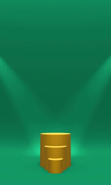 Podium, pedestal or platform gold color illuminated by spotlights on green background. Abstract illustration of simple geometric shapes. 3D rendering. — Stock Photo, Image