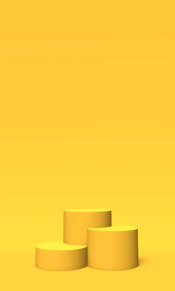 Podium, pedestal ou plataforma cor dourada sobre fundo amarelo. Ilustração abstrata de formas geométricas simples. Renderização 3D . — Fotografia de Stock