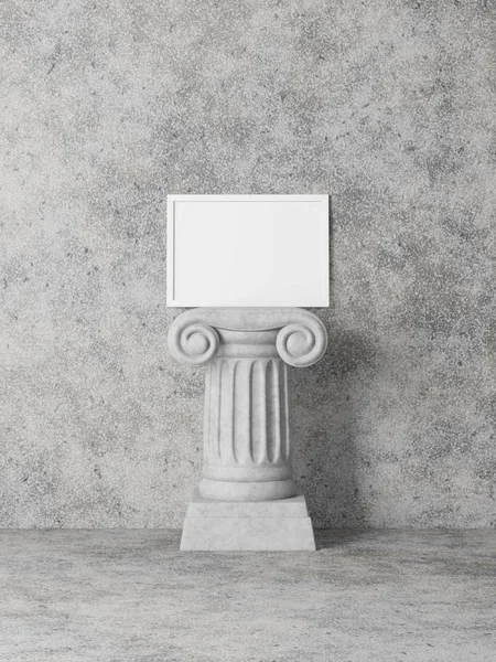 White horizontal picture frame on top of an antique column on the background of a concrete wall. Grunge interior. 3D rendering. — Stock Photo, Image