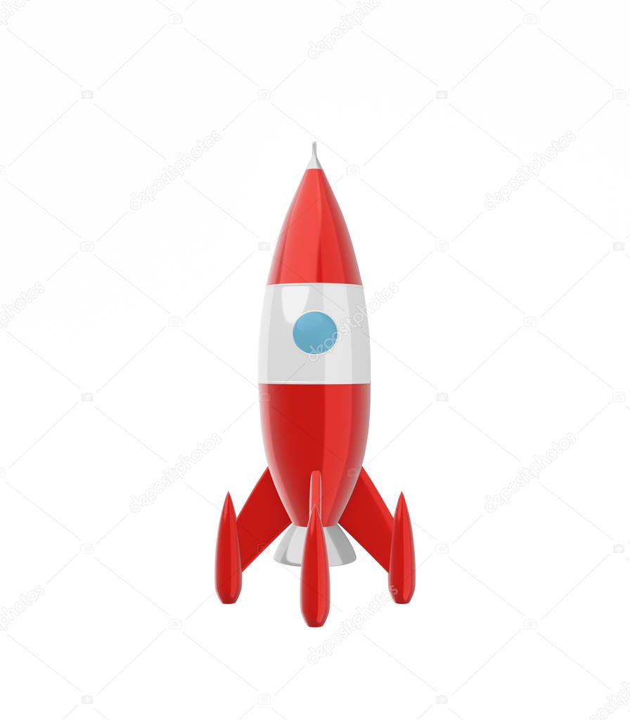 Toy space rocket red and white colors on a white background isolated. Sci-fi illustration. 3d rendering.