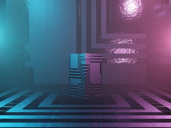 Abstraktní pódium, piedestal nebo plošina-krychle s texturou Sci-Fi na tmavém futuristickém pozadí. Pojetí města nebo vnitřku budoucnosti. prostorové vykreslování — Stock fotografie