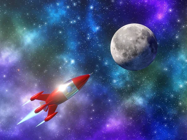 La fusée spatiale vole vers la lune sur le fond d'un beau ciel étoilé. Nébuleuse spatiale multicolore. rendu 3D . — Photo