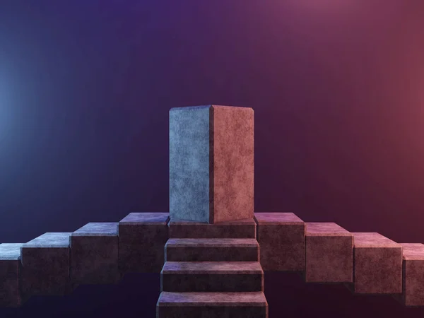 Abstracte voetstuk podium of platform-betonnen kubussen op de achtergrond van gekleurde rook of mist. 3D-rendering — Stockfoto