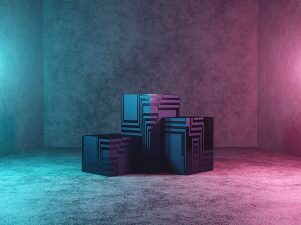 Pódio abstrato, pedestal ou plataforma - um cubo com textura Sci-Fi em um fundo de concreto escuro. O conceito da cidade ou o interior do futuro. Renderização 3d — Fotografia de Stock