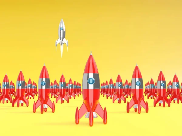 Space rocket - um conceito de sucesso, liderança, startup, rivalidade. Renderização 3D . — Fotografia de Stock