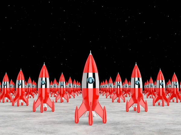 Διαστημικός πύραυλος-μια έννοια επιτυχίας, ηγεσίας, εκκίνησης, αντιπαλότητας. απόδοση 3D. — Φωτογραφία Αρχείου