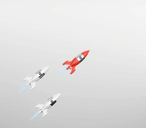 Weltraumrakete - ein Konzept von Erfolg, Führung, Start-up, Rivalität. 3D-Darstellung. — Stockfoto
