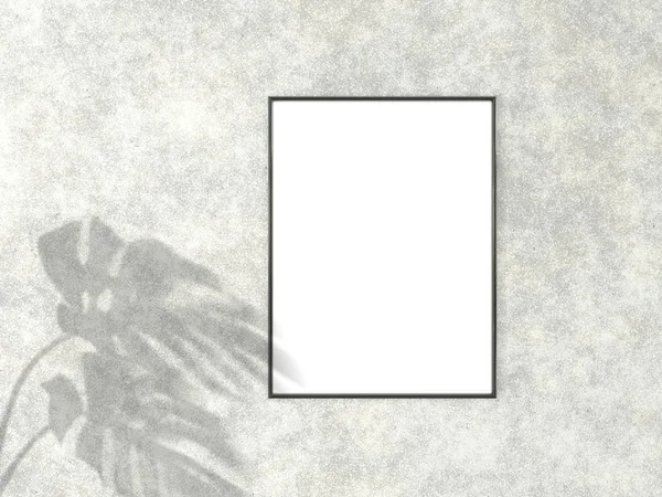 3x4 vertikaler schwarzer Rahmen für Foto- oder Bildattrappe auf Betongrund mit Schatten von Monsterblättern. 3D-Darstellung. — Stockfoto