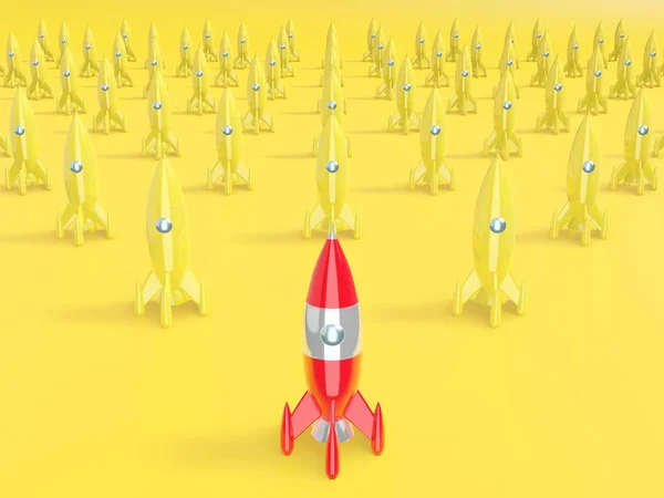 Space rocket - um conceito de sucesso, liderança, startup, rivalidade. Renderização 3D . — Fotografia de Stock