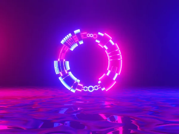 Neon glowing gate, portal, entrance, abstract blue and pink background. 3d rendering.