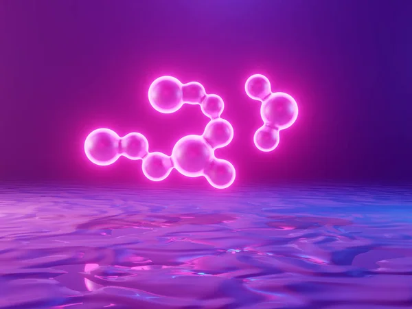 Neon świecące kule, atomy, kulki streszczenie niebieskie i różowe tło. Renderowanie 3D. — Zdjęcie stockowe
