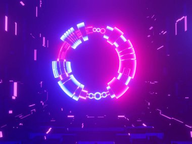 Neon parlayan kapı, portal, giriş, soyut mavi ve pembe arka plan. 3d render.