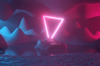 Parlayan neon üçgen, portal, kırmızı-mavi soyut fantastik manzara fonuna karşı kapı. 3d render