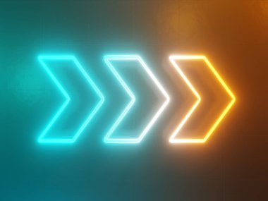 Neon parlayan ok, işaretçi soyut yeşil ve sarı arka plan. 3d render