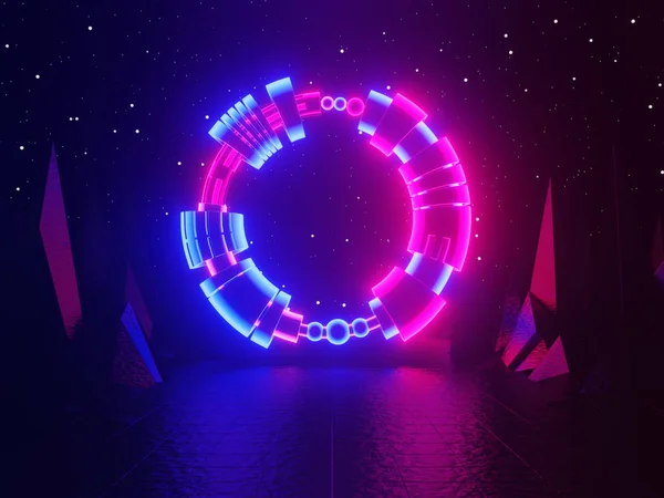 Neon glowing gate, portal, entrance, abstract blue and pink background. 3d rendering.