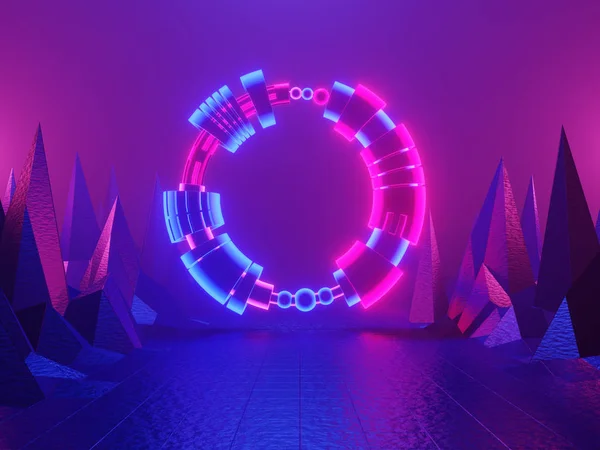 Φωτεινή πύλη νέον, πύλη, είσοδος, αφηρημένο μπλε και ροζ φόντο. απόδοση 3D. — Φωτογραφία Αρχείου