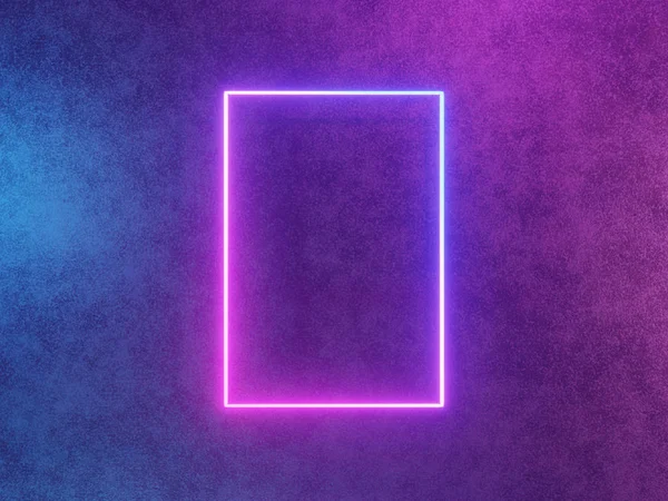 Neon glowing frame, rectangle abstract blue and pink background. 3d rendering.