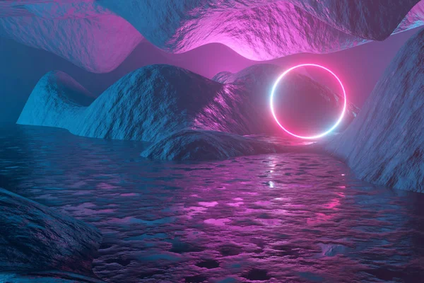 Círculo de néon brilhante, portal, portão contra o pano de fundo de uma paisagem fantástica abstrata vermelho-azul. Renderização 3D — Fotografia de Stock