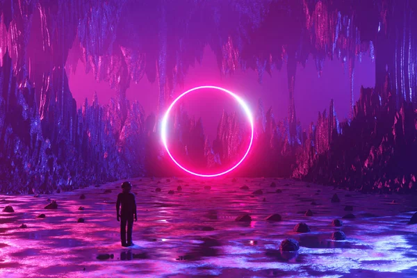 Um homem, um astronauta, está na superfície de um planeta alienígena e olha para um círculo de néon. Silhueta contra o pano de fundo de uma paisagem fantástica. Renderização 3d . — Fotografia de Stock