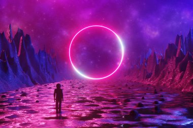 Bir adam, bir astronot, yabancı bir gezegenin yüzeyinde duruyor ve neon bir daire bakar. Fantastik bir manzara fonunda siluet. 3d render.