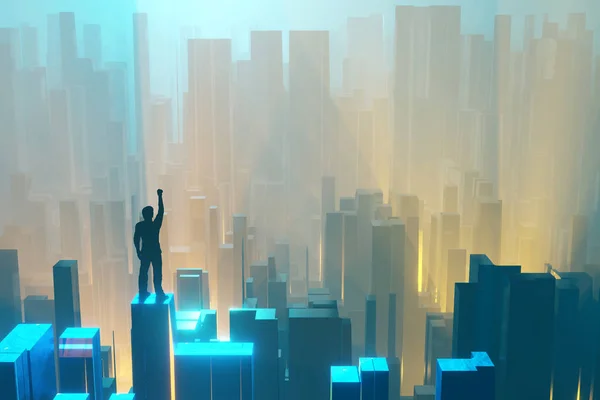 Bir adam, elini kaldırarak, üst duruyor ve neon ışık fantastik bir şehir bakar. Fütüristik bir manzaranın arka planında siluet. 3d render. — Stok fotoğraf