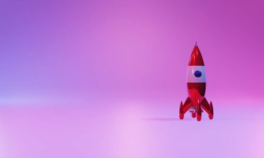 Parlak arka planda neon rengiyle aydınlatılmış bir oyuncak roket. 3d render