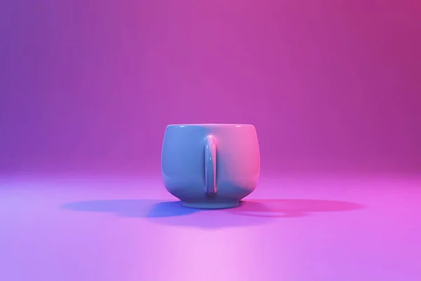Біла чашка на яскравому фоні, освітлена неоновим кольором. 3D візуалізація — стокове фото