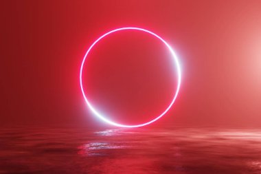 Parlayan neon kırmızı daire, portal, kapı. Harika bir sahne. 3d render