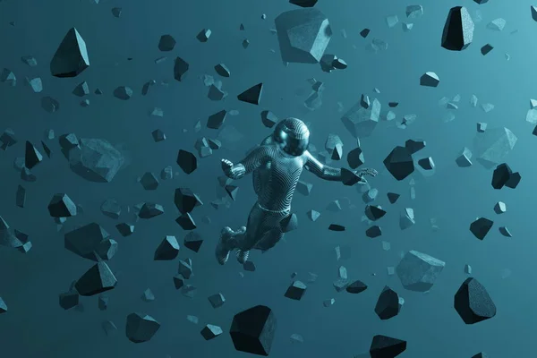 Astronot taş parçaları, asteroitler ile çevrili sinekler. 3d render — Stok fotoğraf