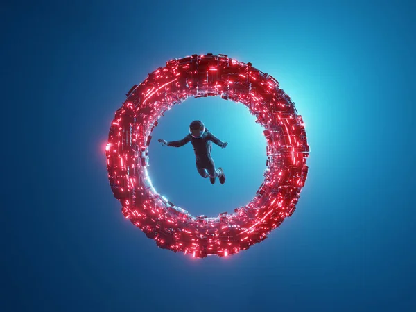 Kozmonot parlak neon halkası, portal ile uçan. 3d render — Stok fotoğraf