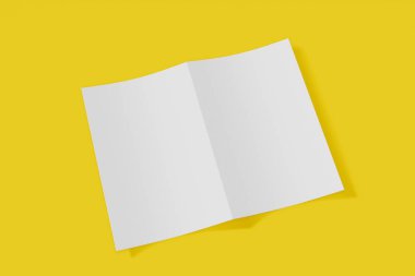 Mockup dikey kitapçık, broşür, davet yumuşak kapak ve gerçekçi gölge ile sarı bir arka plan üzerinde izole. 3d render.