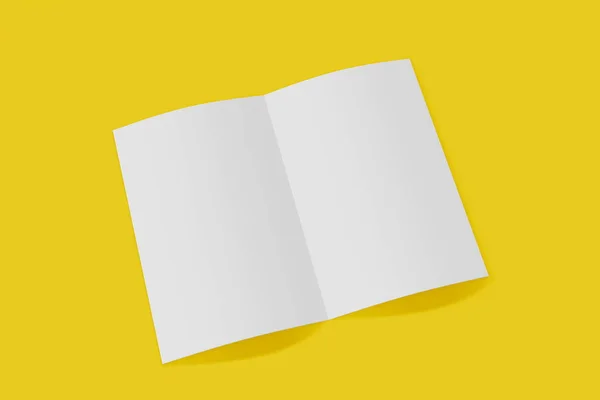 Mockup vertikal broschyr, broschyr, inbjudan isolerad på gul bakgrund med mjukt omslag och realistisk skugga. 3D-rendering. — Stockfoto