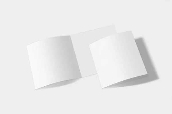Δύο μοντέλα τετράγωνο φυλλάδιο, φυλλάδιο, πρόσκληση απομονωμένη σε λευκό φόντο με απαλό κάλυμμα και ρεαλιστική σκιά. απόδοση 3D. — Φωτογραφία Αρχείου