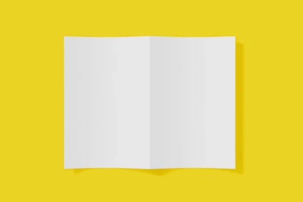 Folleto vertical burlón, folleto, invitación aislada sobre un fondo amarillo con cubierta suave y sombra realista. Renderizado 3D . —  Fotos de Stock