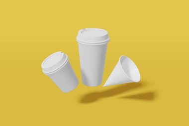 Farklı boyutlarda üç beyaz kağıt mockup bardak seti - sarı bir arka plan üzerinde büyük, küçük ve koni şeklinde sinek. 3d render