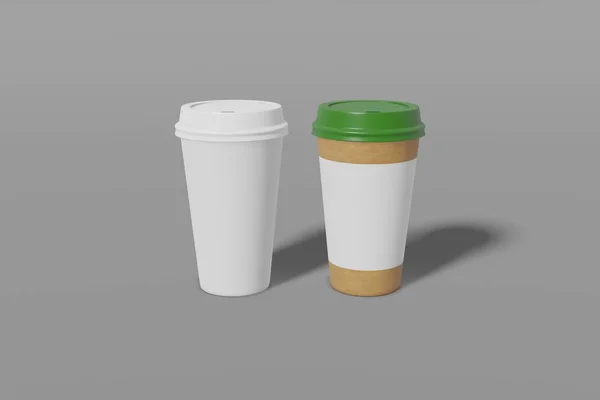 Deux tasses en papier avec un couvercle blanc et marron avec place pour le texte sur un fond gris. rendu 3D — Photo