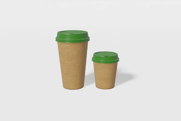 Два макета бумажных стаканчиков коричневого цвета разных размеров с зеленой крышкой на белом фоне. 3D рендеринг — стоковое фото