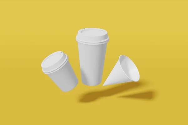 一套三个不同尺寸的白纸模型杯 - 大，小和圆锥形飞在黄色背景。3d 渲染 — 图库照片