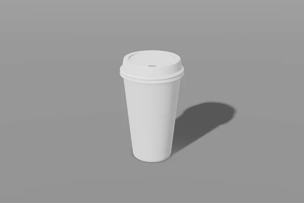 灰色の背景に蓋が付いている白いペーパーのモックアップカップ。3D レンダリング — ストック写真
