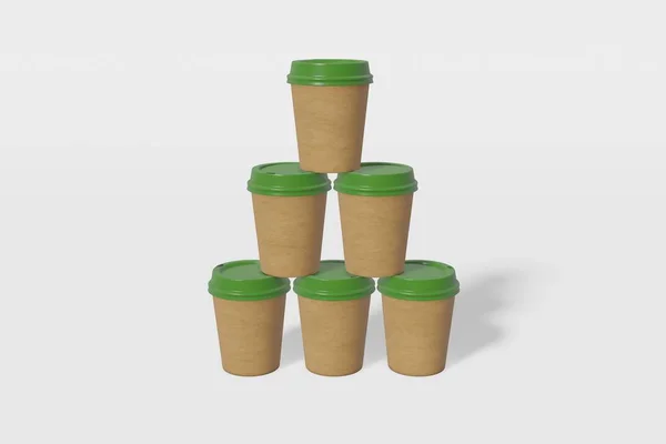 Uppsättning av sex bruna papper Cup utkast med ett grönt lock stå i form av en pyramid på en vit bakgrund. 3D-rendering — Stockfoto