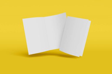 İki Mockup dikey kitapçık, broşür, davet yumuşak kapak ve gerçekçi gölge ile sarı bir arka plan üzerinde izole. 3d render.
